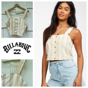 Billabong East Side Cropped Top Beige White Cotton Linen Blend Button Down Sz M